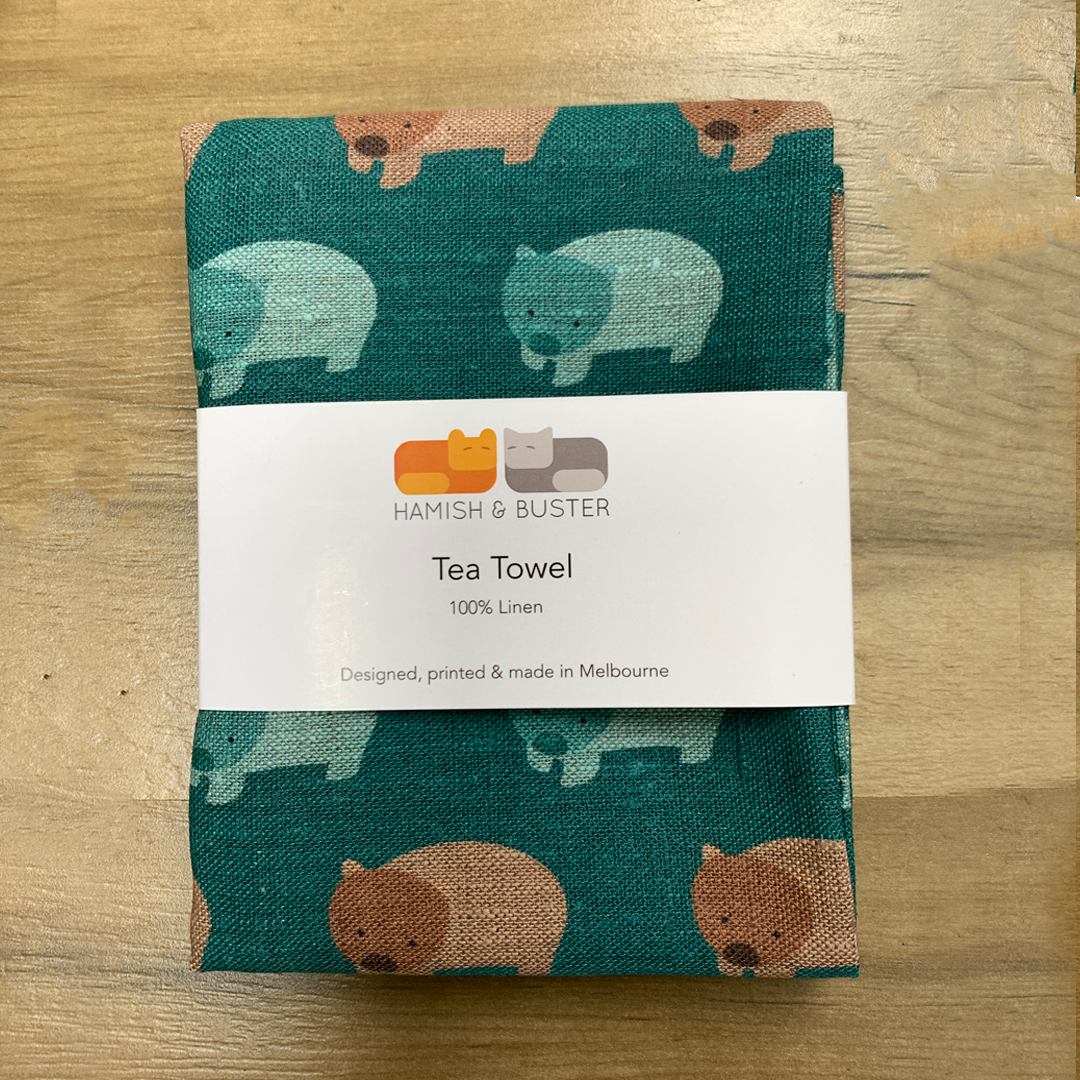 Green Wombats Linen Tea Towel